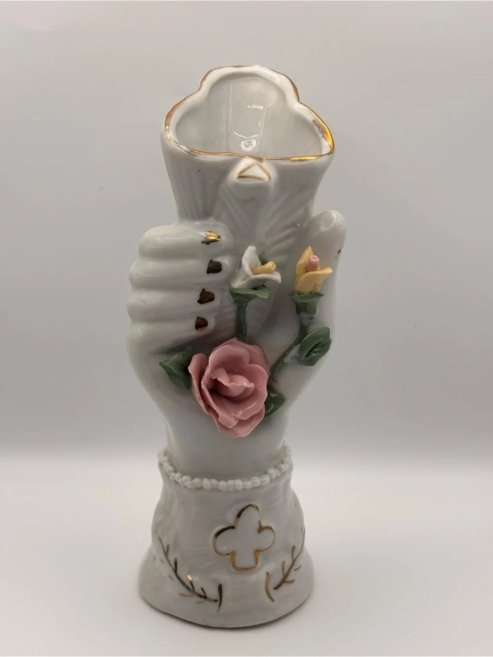 Vintage Ceramic Lady's Hand Holding Vase Figural Bud Vase, Pink Rose Decor